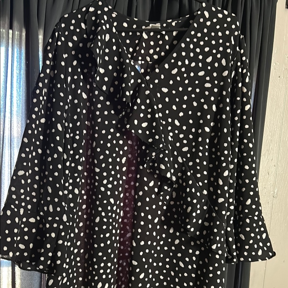 London Times Black and White Polka Dot Long Sleeve Dress